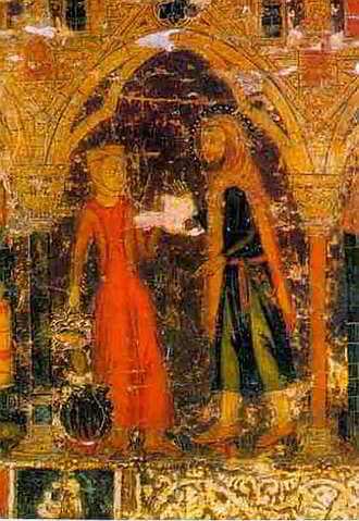 Pintura de San Isidro en su arca funeraria (siglo XIII o XIV). Fuente: archimadrid