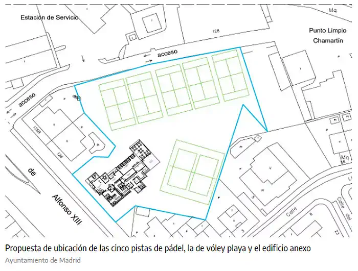 Propuesta de ubicación de las cinco pistas de pádel, la de vóley playa y el edificio anexo / Ayuntamiento de Madrid